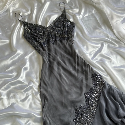 Vintage Spaghetti Straps Grey Chiffon Beaded Mermaid Evening Dress Long Prom Dress Y9739
