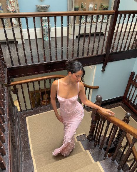 Classy Spaghetti Straps Satin Beaded Appliques Mermaid Party Dress Pink Slit Long Prom Gown SP1036