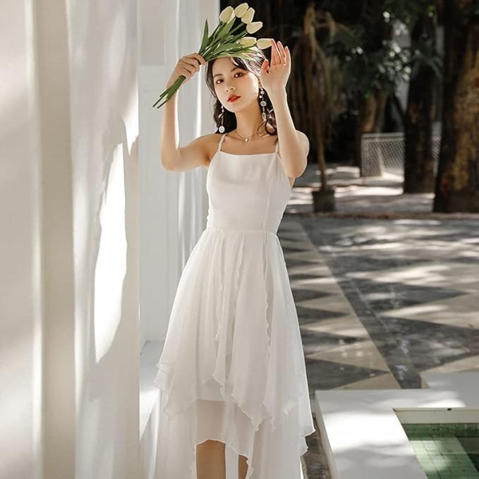 White Chiffon High Low Chic Simple Wedding Party Dress, White Short Prom Dress Graduation Dress Y985