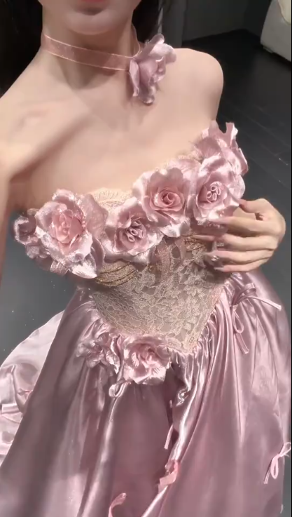 Glamorous Pink Strapless Satin Lace Long Prom Dress Party Gown With 3D Flowers SP2176