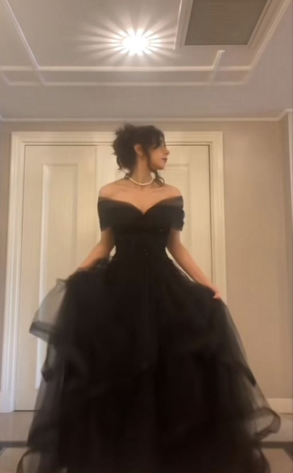 Black Off The Shoulder Tulle Long Prom Dress,Black Formal Graduation Evening Dress Y7351