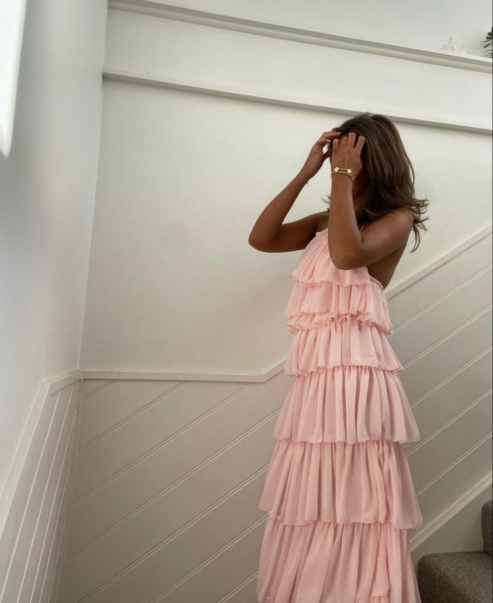 Pink Sleeveless Layered Long Prom Dress,Pink Evening Dress Y2301