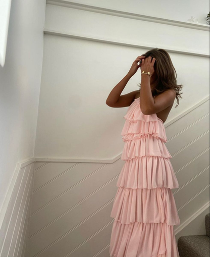 Pink Sleeveless Layered Long Prom Dress,Pink Evening Dress Y2301