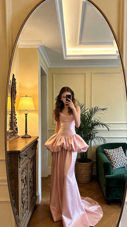 Charming Pink Strapless Satin Mermaid Long Party Dress Formal Birthday Prom Dress SP2057