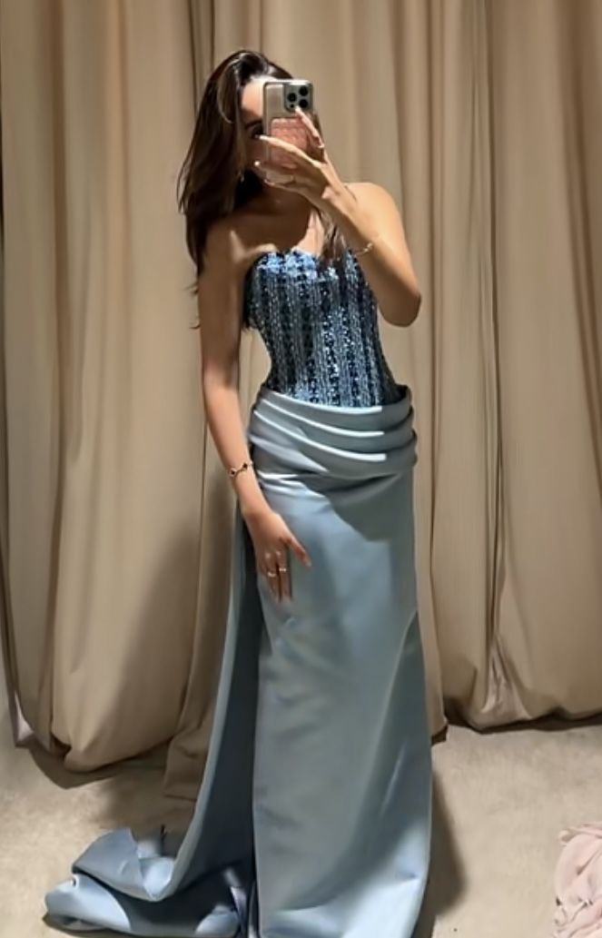 Fashion Sweetheart Neck Blue Strapless Satin Beaded Long Prom Dresses Slit Mermaid Evening Gown SP1009