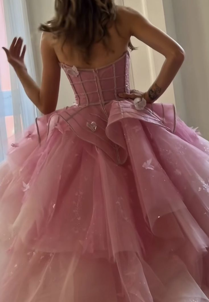 Pretty Strapless Ombre Pink Tulle Sequin Appliques Quinceanera Dress Sweet 16 Dress SP982