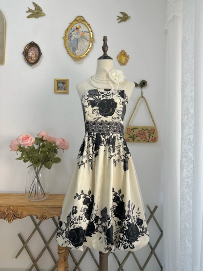 Vintage Strapless Satin Printed Floral Short Graduation Homecoming Dress Birthday Dress Y9761