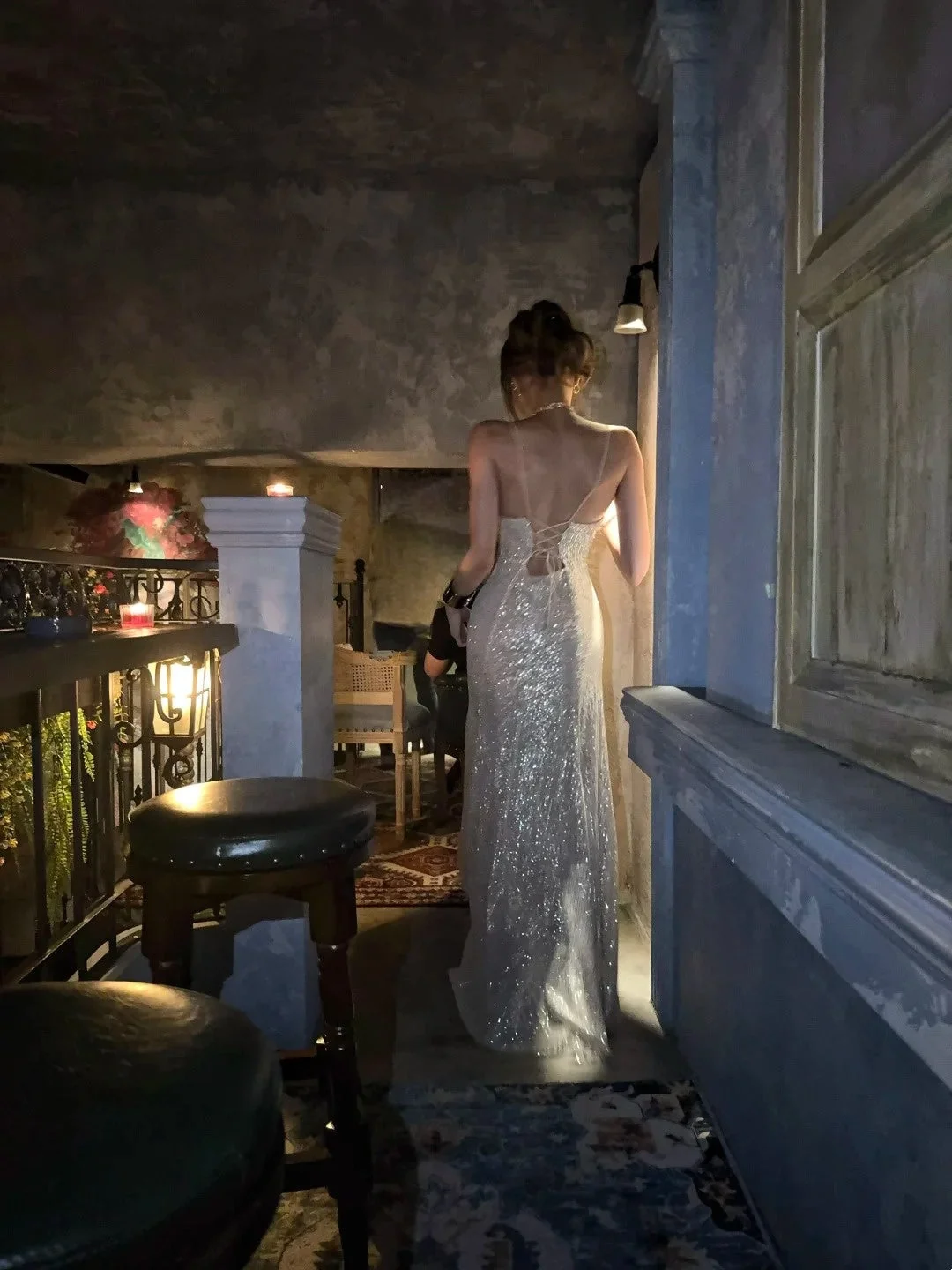 Sparkling Spaghetti Strap Champagne Sequin Mermaid Long Birthday Party Gown Prom Dress SP4113