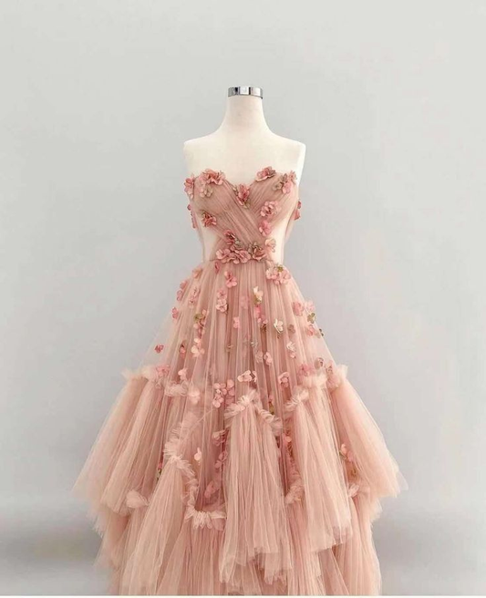 Sweetheart Neckline A Line Tulle Long Floral Fairy Prom Dresses With Flowers Y2396
