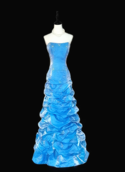 Elegant Blue Satin Pleated Strapless Mermaid Prom Dress Birthday Party Gown SP513