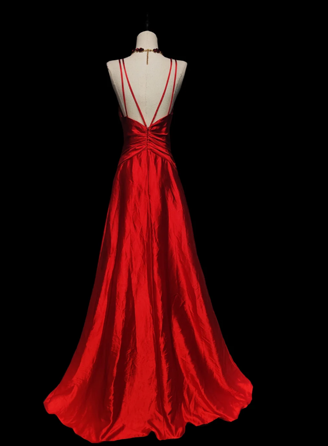 Sexy Red V Neck Satin Beaded Long Prom Dress Evening Dress SP472