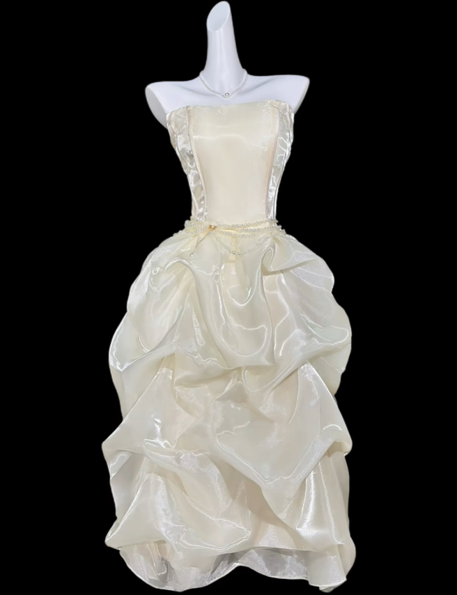 Classy Light Champagne Strapless Organza Pleated Long Prom Dress Party Dresses SP3536