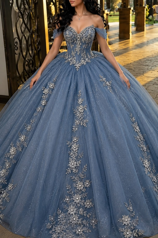 Elegant Off The Shoulder Sweet 16 Dress Blue Tulle Sequin Floral Quinceanera Dress With Bow SP4299