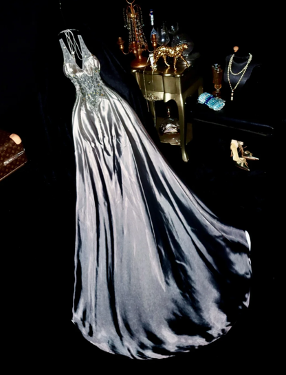 Gorgeous Ombre Silver Gray Satin Beaded Mermaid Evening Dress Long Birthday Prom Gown SP722