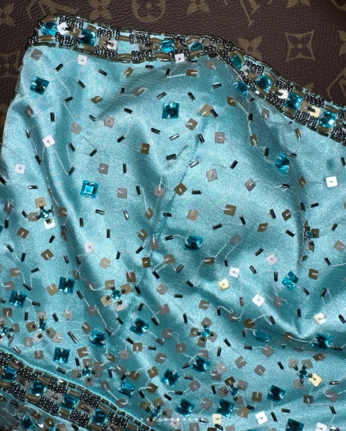 Cute Strapless Blue Satin Sequin Beaded Long Prom Dress Party Gown SP818