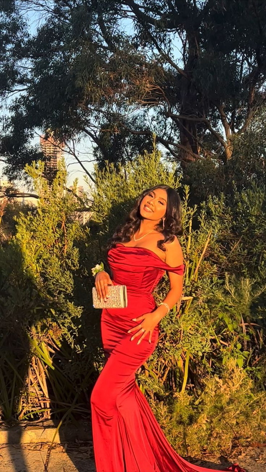 Elegant Off The Shoulder Mermaid Evening Dress,Red Satin Prom Dress  Y8221