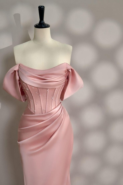 Classy Long Pink Satin Off Shoulder Evening Party Dresses Mermaid  Wedding Guest Dresses Y8693