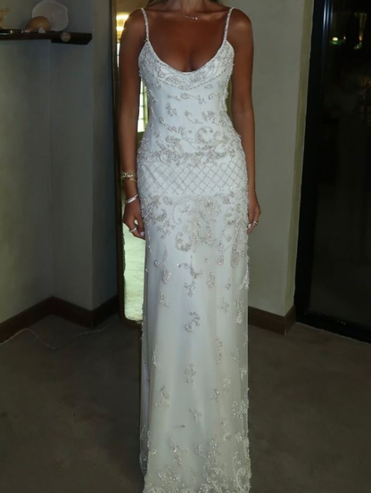 Gorgeous White Spaghetti Straps Satin Tulle Beaded Long Party Dress Birthday Outfits SP853