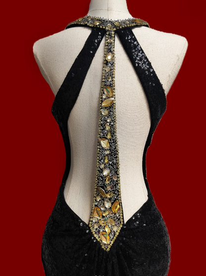 Sexy Black Halter Sequin Beaded Mermaid Prom Dress Backless Long Birthday Party Dress SP506