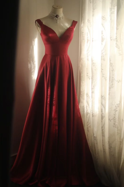 Fashion V Neck Burgundy Satin Mermaid Slit Evening Dress Formal Prom Gown SP669