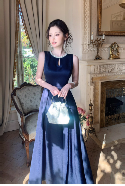 Stylish Sleeveless Navy Blue Satin Beaded A Line Long Birthday Dress Evening Gown SP1651