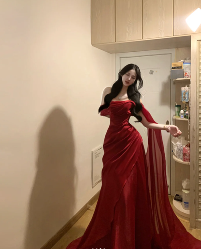Charming Red Off The Shoulder Tulle Mermaid Long Guest Dress Party Dress SP285