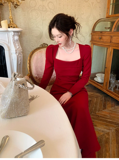 Pretty Red Satin Pleated Mermaid Formal Wedding Guest Dress Long Evening Dress SP1654