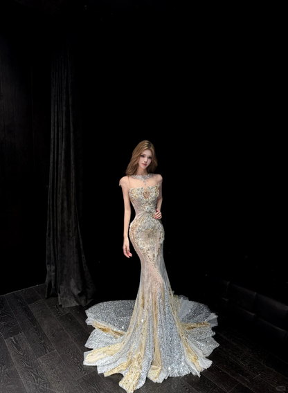 Glitter Tulle Sequin Beaded Mermaid Long Wedding Dress SP4155