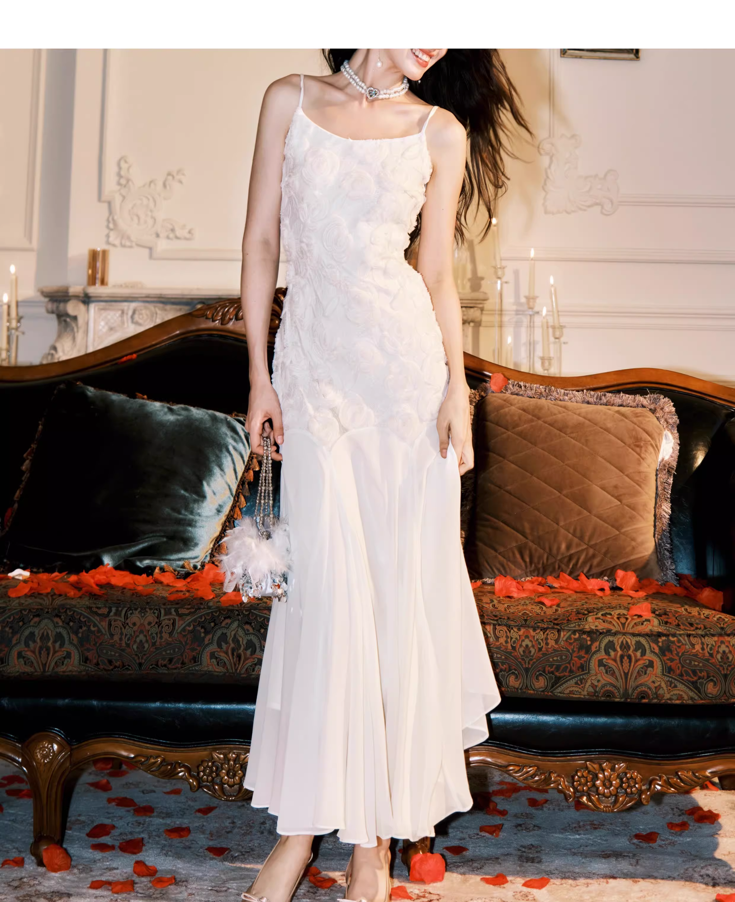 Fairy Spaghetti Straps 3D Rose Flowers Chiffon Mermaid Prom Dress White Birthday Party Dress SP1981