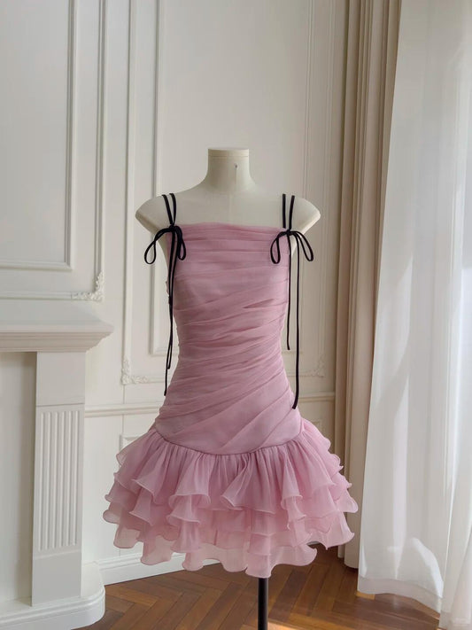 Elegant Spaghetti Straps Pink Chiffon Pleated Ruffle Layered Short Homecoming Dress Birthday Outfits SP2598