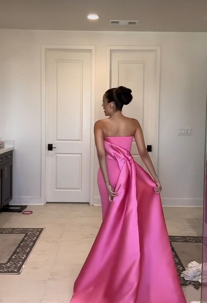 Stylish Strapless Satin Pink Pleated Mermaid Party Dress Long Birthday Prom Gown SP990