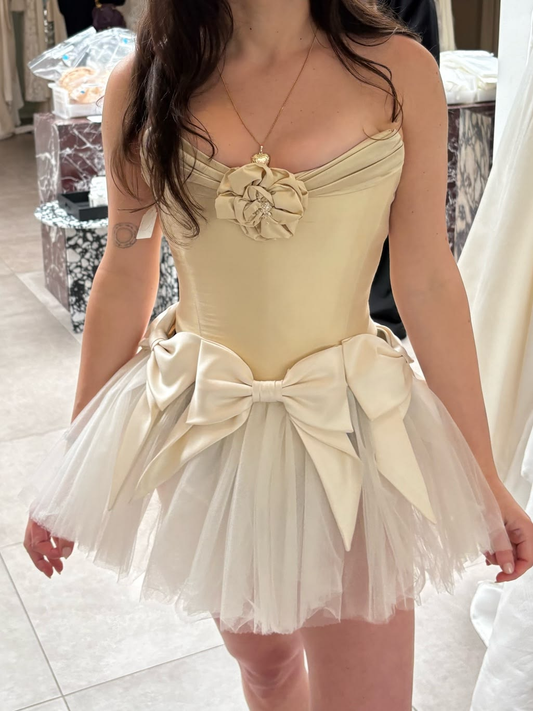 Cute Strapless Satin Tulle A Line Short Homecoming Dress Birthday Dress With Bow SP3668