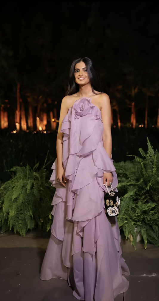 Elegant Purple Halter Chiffon A Line Ruffles Formal Prom Gown Long Party Dress SP218
