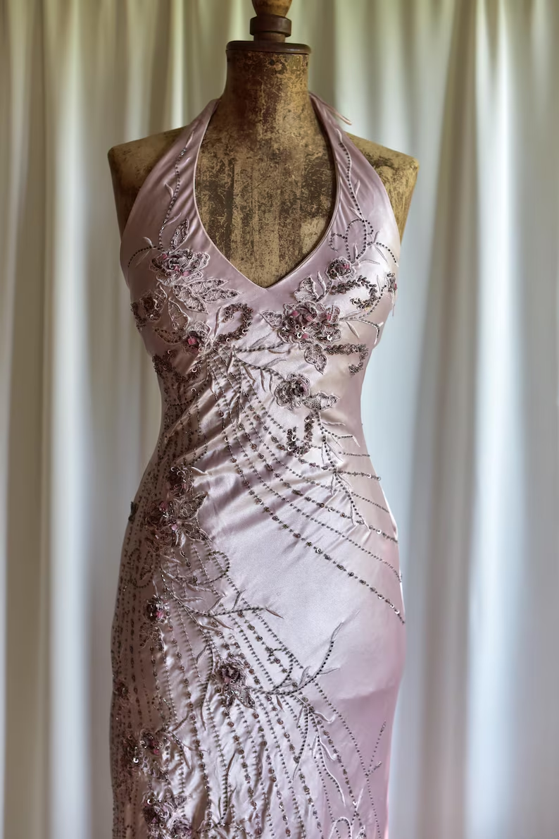 Elegant Halter V Neck Pink Satin Beaded Mermaid Evening Dress Backless Long Prom Dress SP467