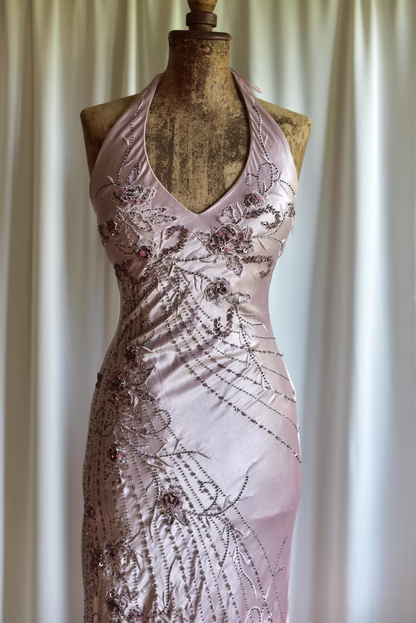 Elegant Halter V Neck Pink Satin Beaded Mermaid Evening Dress Backless Long Prom Dress SP467