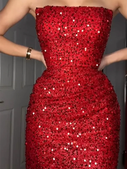 Shiny Strapless Red Mermaid Sequin Long Party Dress Prom Dresses SP3736