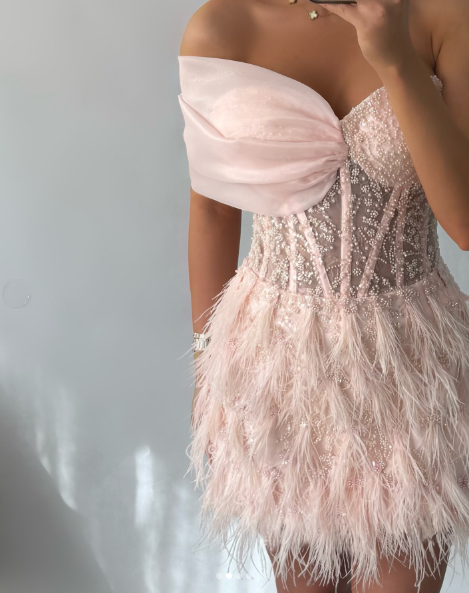 Charming Pink Off The Shoulder Tulle Beaded Feathers Short Graduation Homecoming Dress Birthday Dress SP3142