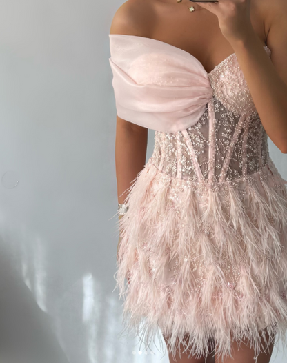 Charming Pink Off The Shoulder Tulle Beaded Feathers Short Graduation Homecoming Dress Birthday Dress SP3142