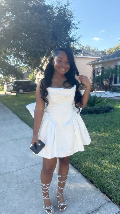 Cute Strapless White Satin A Line Short 6th Grade Homecoming Dress Cocktail Dress With Bow SP2493