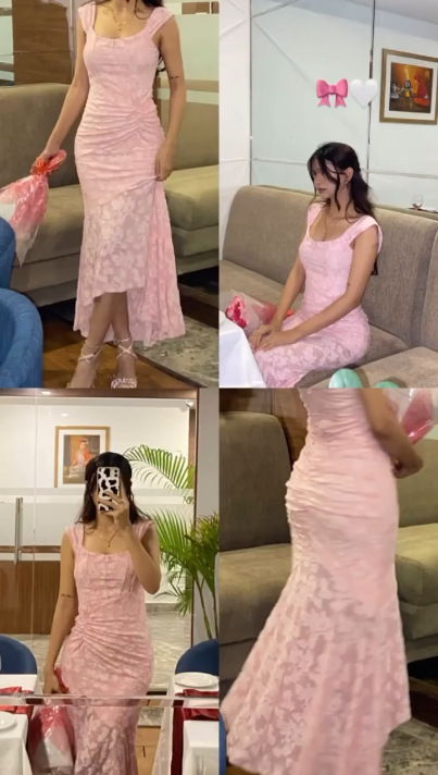 Pretty Pink Pleated Pink Floral Mermaid Evening Dress Long Wedding Guest Dress SP1061