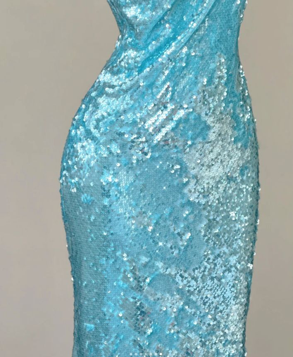 Sparkly Spaghetti Straps Blue Sequin Mermaid Evening Dress Long Prom Dresses SP710
