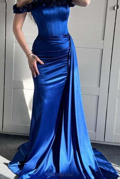 Blue Off The Shoulder Mermaid Evening Dress Formal Prom Dress Y7842