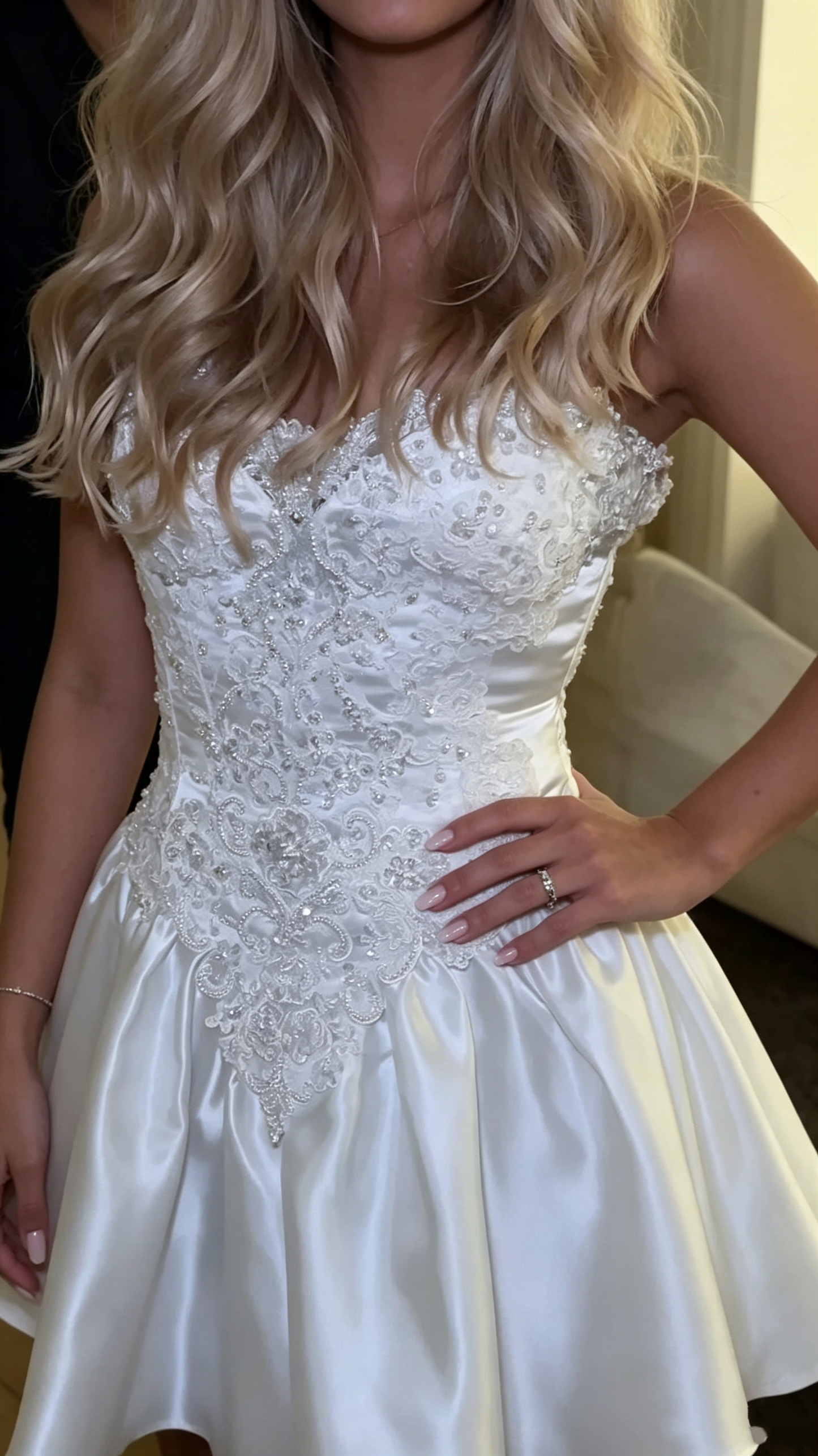 Elegant Strapless White Satin Appliques Beaded A Line Short Graduation Homecoming Dress SP2996