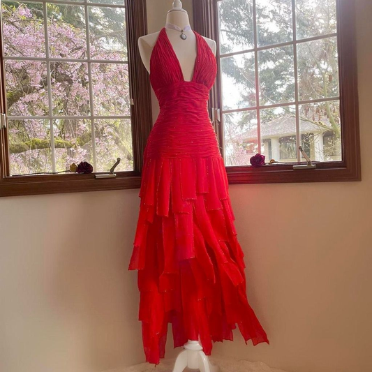 Vintage Halter Red V Neck Chiffon Pleated Long Prom Gown Party Dress SP304
