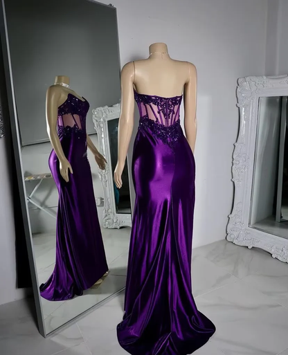 Purple Strapless Satin Lace Appliques Prom Party Dress,Mermaid Sexy Split Evening Dress Y8121