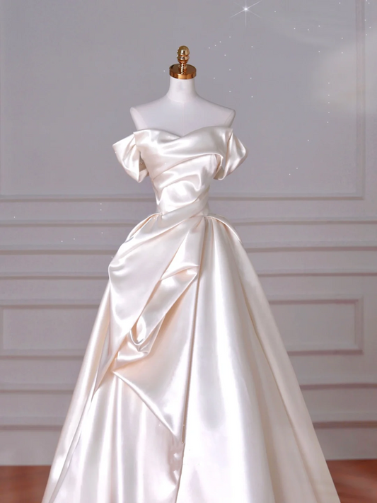 Classy Off The Shoulder Satin Pleated A Line White Wedding Dress Y8633