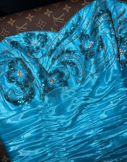 Elegant Strapless Blue Strapless Organza Beaded Mermaid Long Prom Dress Party Dress  SP950