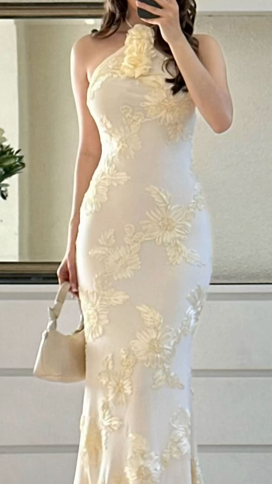 Pretty Yellow Halter Satin Flowers Mermaid Party Dress Long Prom Dress Birthday Outfits SP972