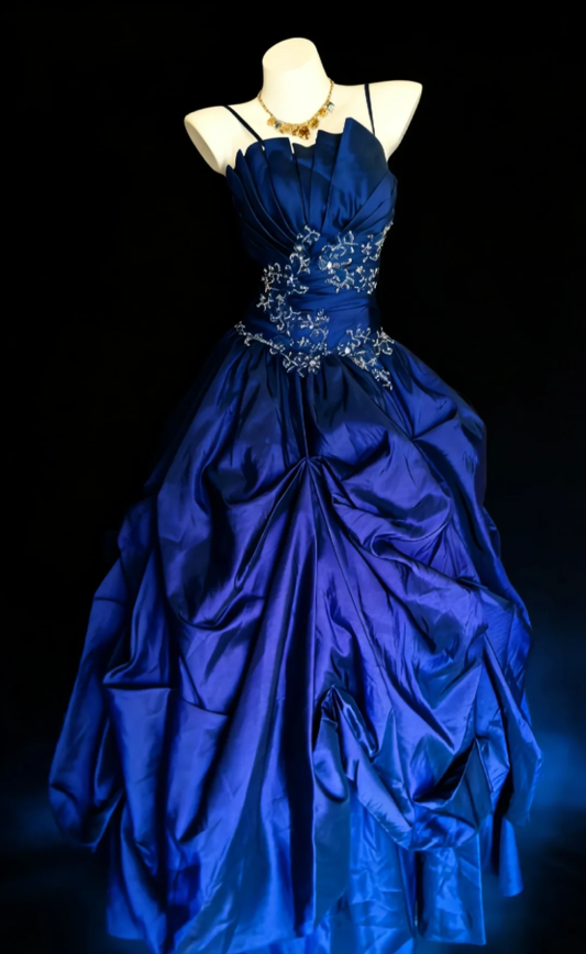 Elegant Spaghetti Straps Satin Pleated Beaded Ball Gown Royal Blue Long Birthday Party Dress SP1640