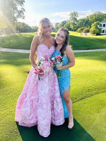 Pretty Strapless Pink Satin Print Floral A Line Long Party Dress Birthday Prom Dresses SP1079